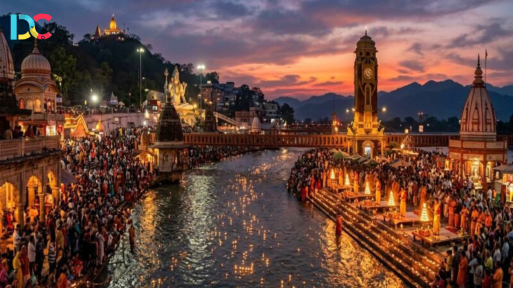 Pilgrims taking a holy dip at Har Ki Pauri during the sacred evening aarti ceremony.