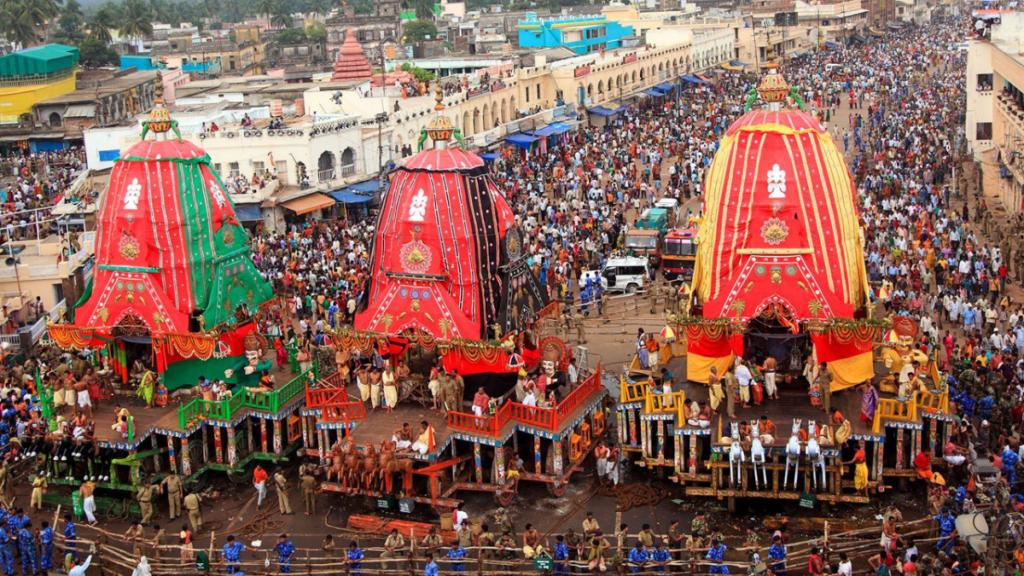 Colorful celebrations and massive chariots during the Rath Yatra near the famous Jagannath Temple.