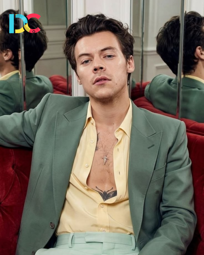 Harry Styles in a bold designer outfit.