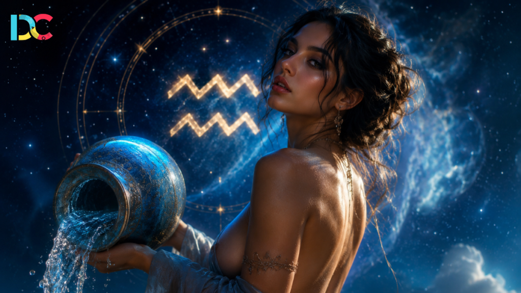 Aquarius woman holding a water vessel beneath a glowing cosmic sky and zodiac symbol.