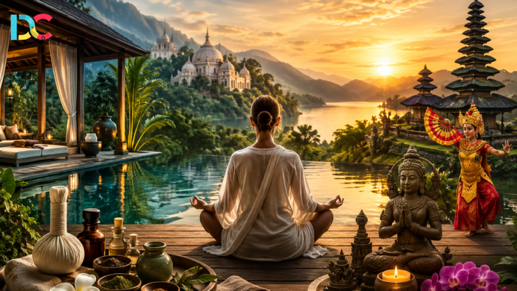 Luxury wellness retreat with yoga