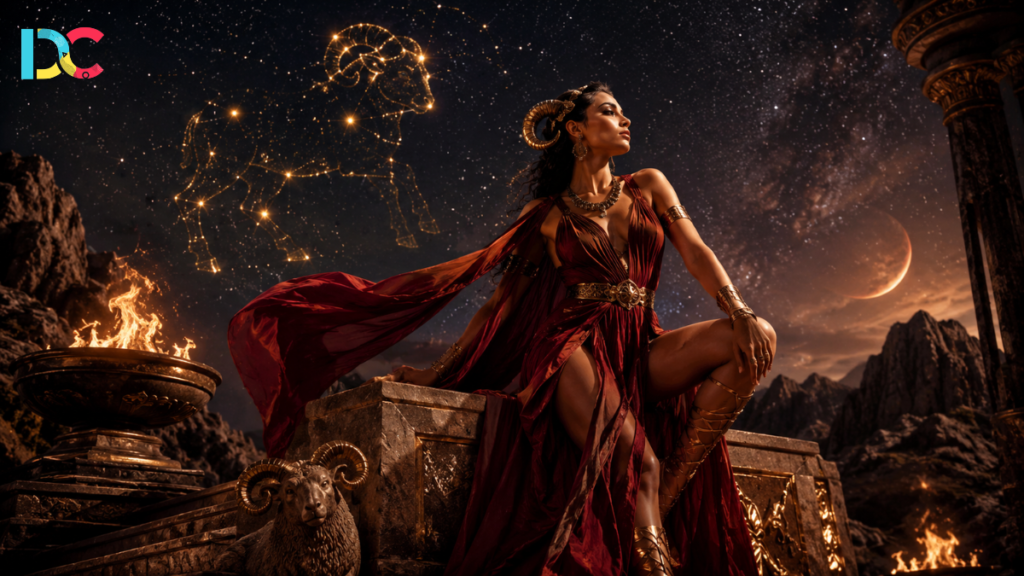 Aries personality traits visual with leadership and risk-taking energy