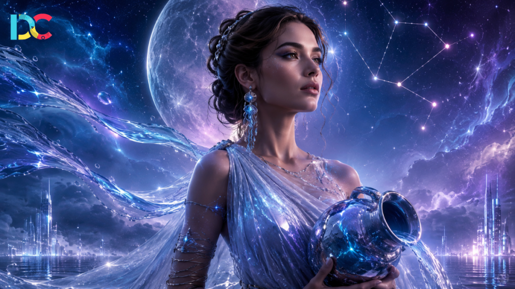 Sensual female model representing the Aquarius zodiac sign in a dreamy celestial setting.