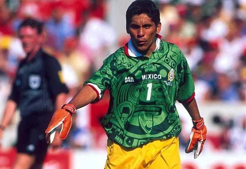 Mexico 1998 green Aztec-inspired football jersey